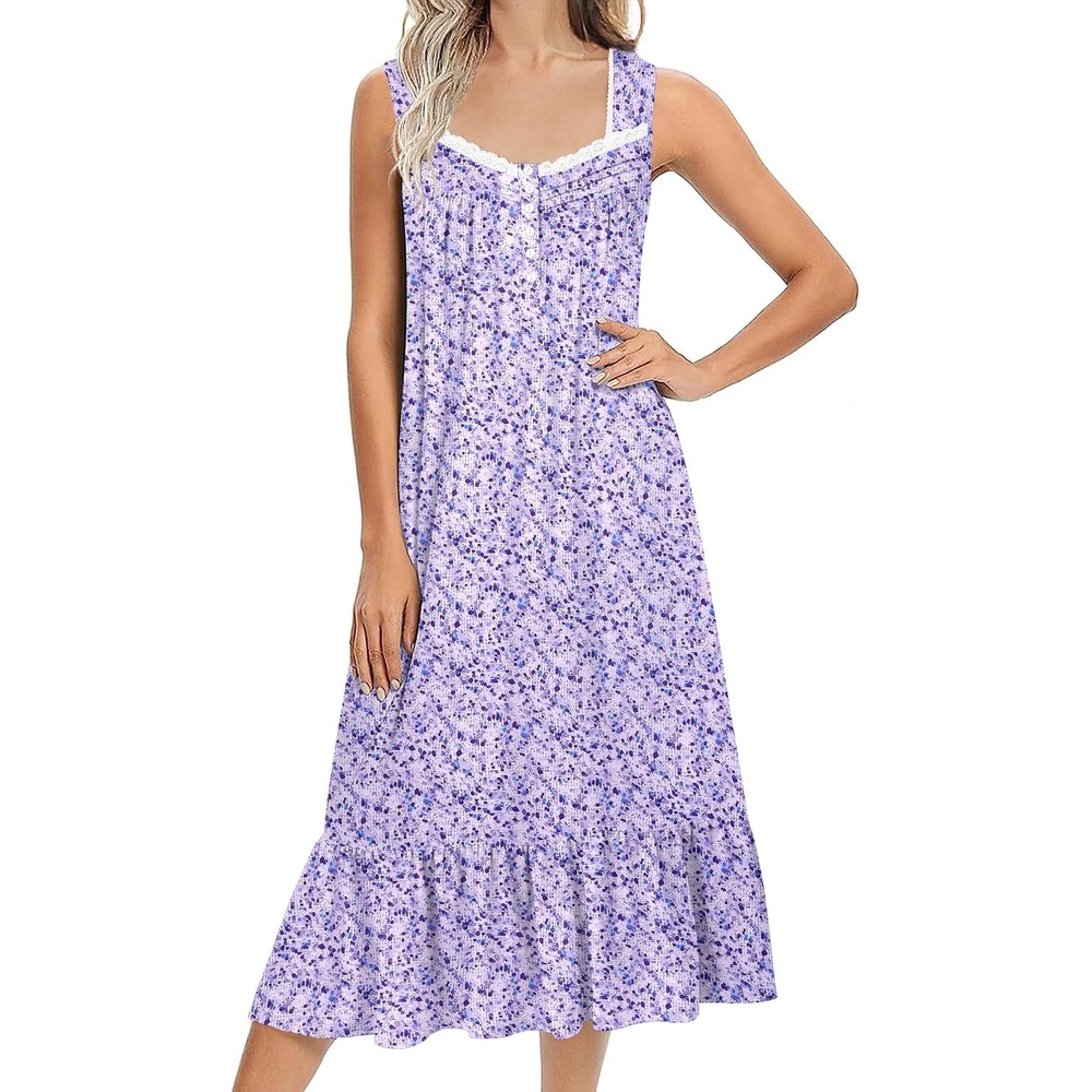 image:imageEkouaer Nightgowns for Women Long Sleeveless Night Gown Button Sleepshirt Victorian NightdressButton SleepshirtSummer Sleep DressSoft Sleepwear Suitable for SleepLoungeDaily WearPurple Dots