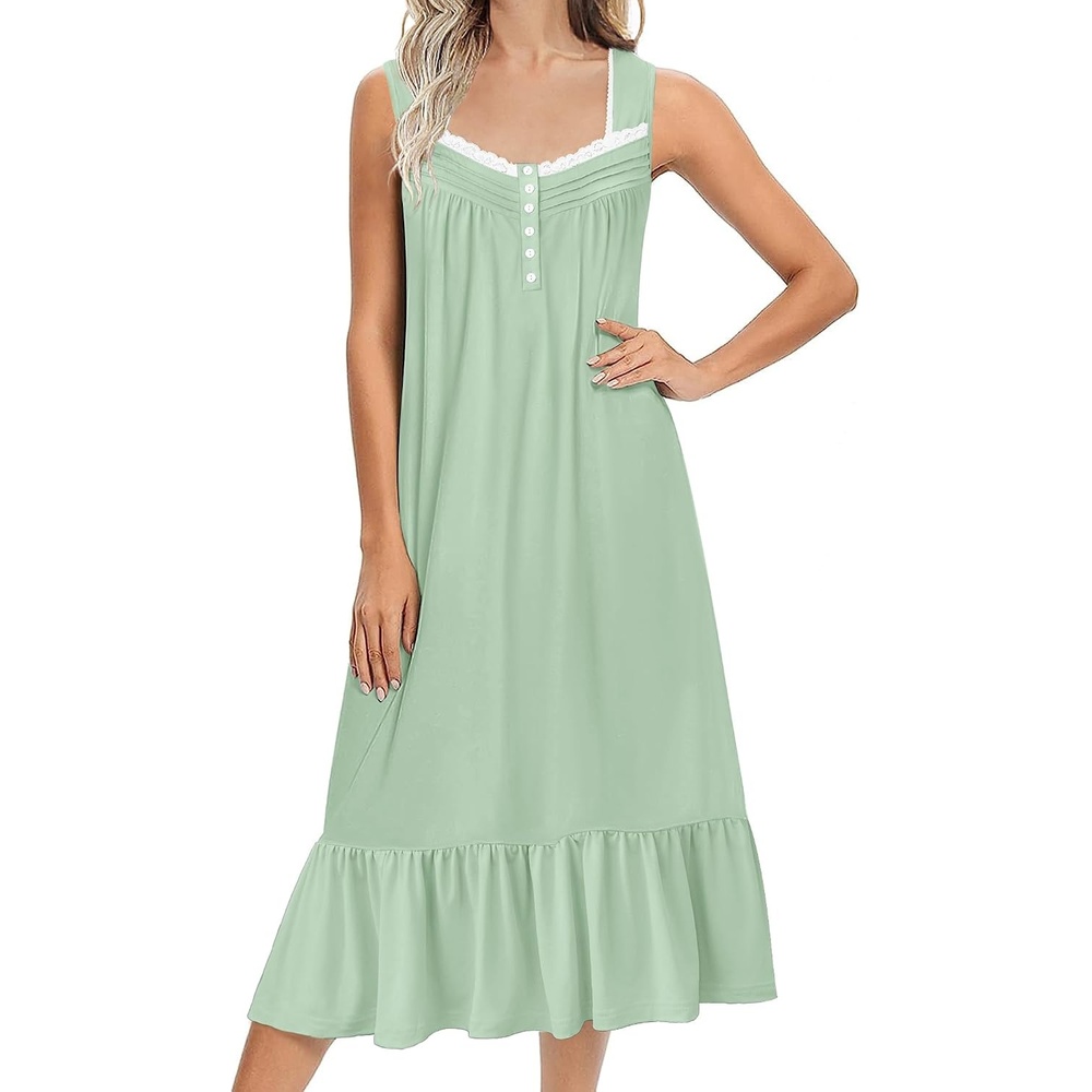 image:imageEkouaer Nightgowns for Women Long Sleeveless Night Gown Button Sleepshirt Victorian NightdressButton SleepshirtSummer Sleep DressSoft Sleepwear Suitable for SleepLoungeDaily WearLight Green