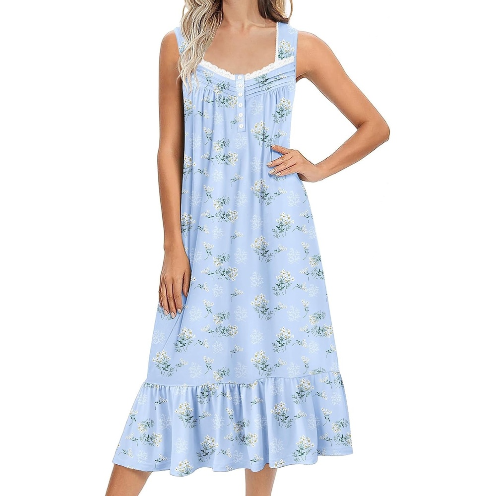image:imageEkouaer Nightgowns for Women Long Sleeveless Night Gown Button Sleepshirt Victorian NightdressButton SleepshirtSummer Sleep DressSoft Sleepwear Suitable for SleepLoungeDaily WearBlue Flowers