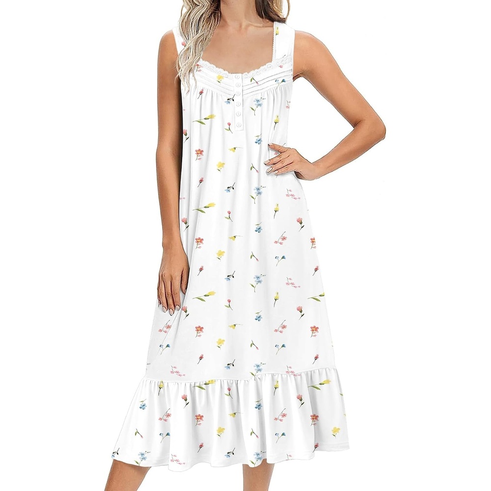 image:imageEkouaer Nightgowns for Women Long Sleeveless Night Gown Button Sleepshirt Victorian NightdressButton SleepshirtSummer Sleep DressSoft Sleepwear Suitable for SleepLoungeDaily WearWhite Floral