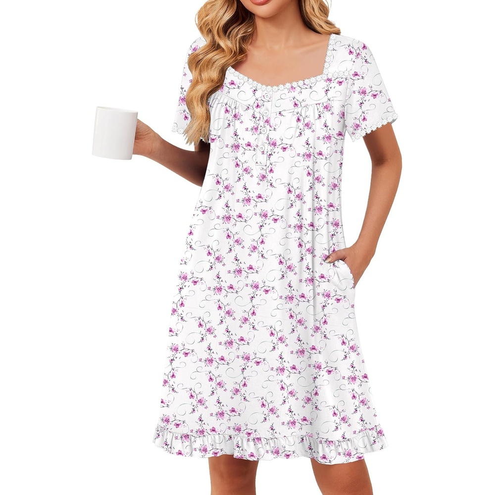 image:imageEkouaer Nightgowns for Women Short Sleeve Night Gowns Button Sleep Shirts Short Sleeve Moo Moos with Pockets Lace Trim Sleep Dress Ruffles Night Dress Sweet Sleepwear Daily Sleep Garden DateWhite Flowers