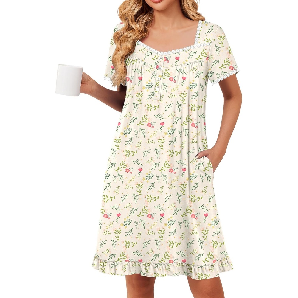 image:imageEkouaer Nightgowns for Women Short Sleeve Night Gowns Button Sleep Shirts Short Sleeve Moo Moos with Pockets Lace Trim Sleep Dress Ruffles Night Dress Sweet Sleepwear Daily Sleep Garden DateYellow Flowers