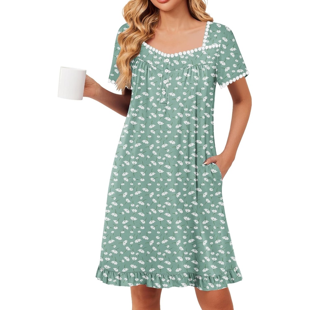 image:imageEkouaer Nightgowns for Women Short Sleeve Night Gowns Button Sleep Shirts Short Sleeve Moo Moos with Pockets Lace Trim Sleep Dress Ruffles Night Dress Sweet Sleepwear Daily Sleep Garden DateGreen Floral