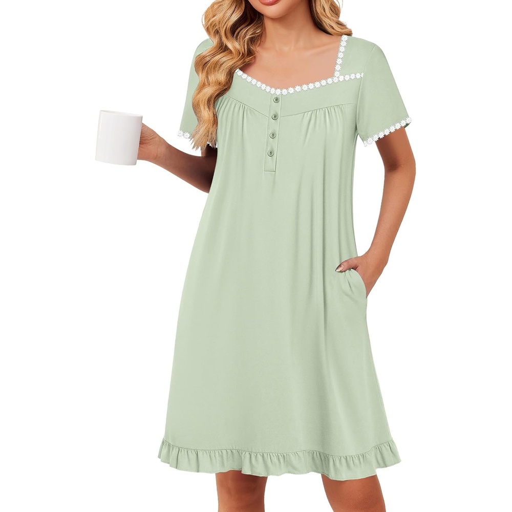 image:imageEkouaer Nightgowns for Women Short Sleeve Night Gowns Button Sleep Shirts Short Sleeve Moo Moos with Pockets Lace Trim Sleep Dress Ruffles Night Dress Sweet Sleepwear Daily Sleep Garden DateLight Green