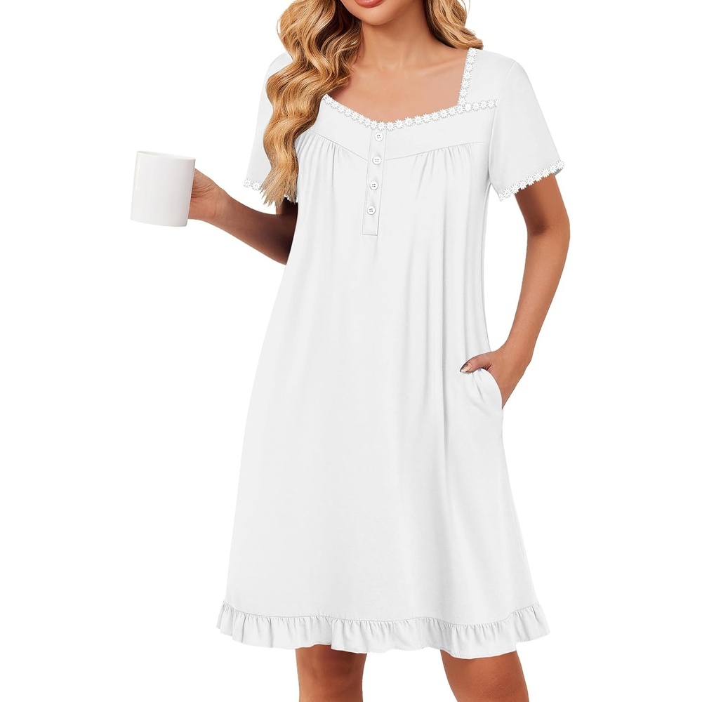 image:imageEkouaer Nightgowns for Women Short Sleeve Night Gowns Button Sleep Shirts Short Sleeve Moo Moos with Pockets Lace Trim Sleep Dress Ruffles Night Dress Sweet Sleepwear Daily Sleep Garden DateWhite