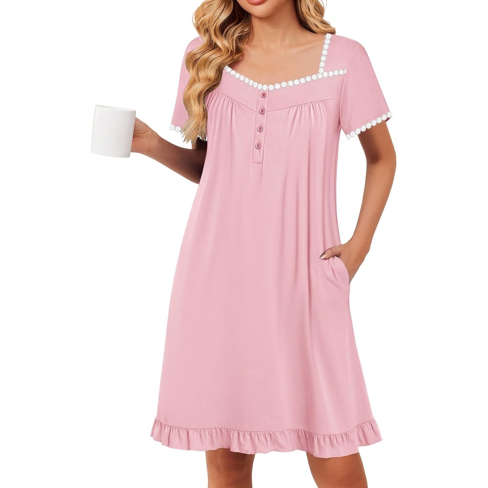 image:imageEkouaer Nightgowns for Women Short Sleeve Night Gowns Button Sleep Shirts Short Sleeve Moo Moos with Pockets Lace Trim Sleep Dress Ruffles Night Dress Sweet Sleepwear Daily Sleep Garden DatePink