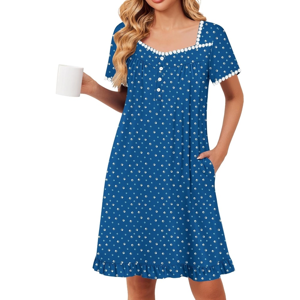 image:imageEkouaer Nightgowns for Women Short Sleeve Night Gowns Button Sleep Shirts Short Sleeve Moo Moos with Pockets Lace Trim Sleep Dress Ruffles Night Dress Sweet Sleepwear Daily Sleep Garden DateBlue Dog Footprints