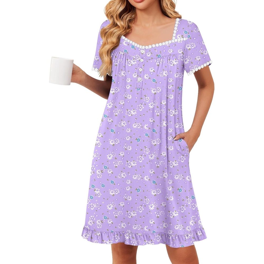 image:imageEkouaer Nightgowns for Women Short Sleeve Night Gowns Button Sleep Shirts Short Sleeve Moo Moos with Pockets Lace Trim Sleep Dress Ruffles Night Dress Sweet Sleepwear Daily Sleep Garden DatePurpleblue Flowers