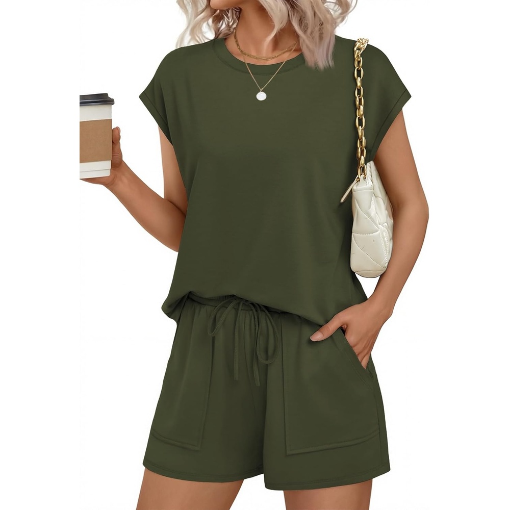 image:imageEkouaer Two Piece Sets for Women Summer Lounge Short Sets with Pocket Soft Womens Lounge Set Crew Neck Cap Sleeve Drawstring Vacation Outfits 2 Piece Matching Sets Women ClothingArmy Green