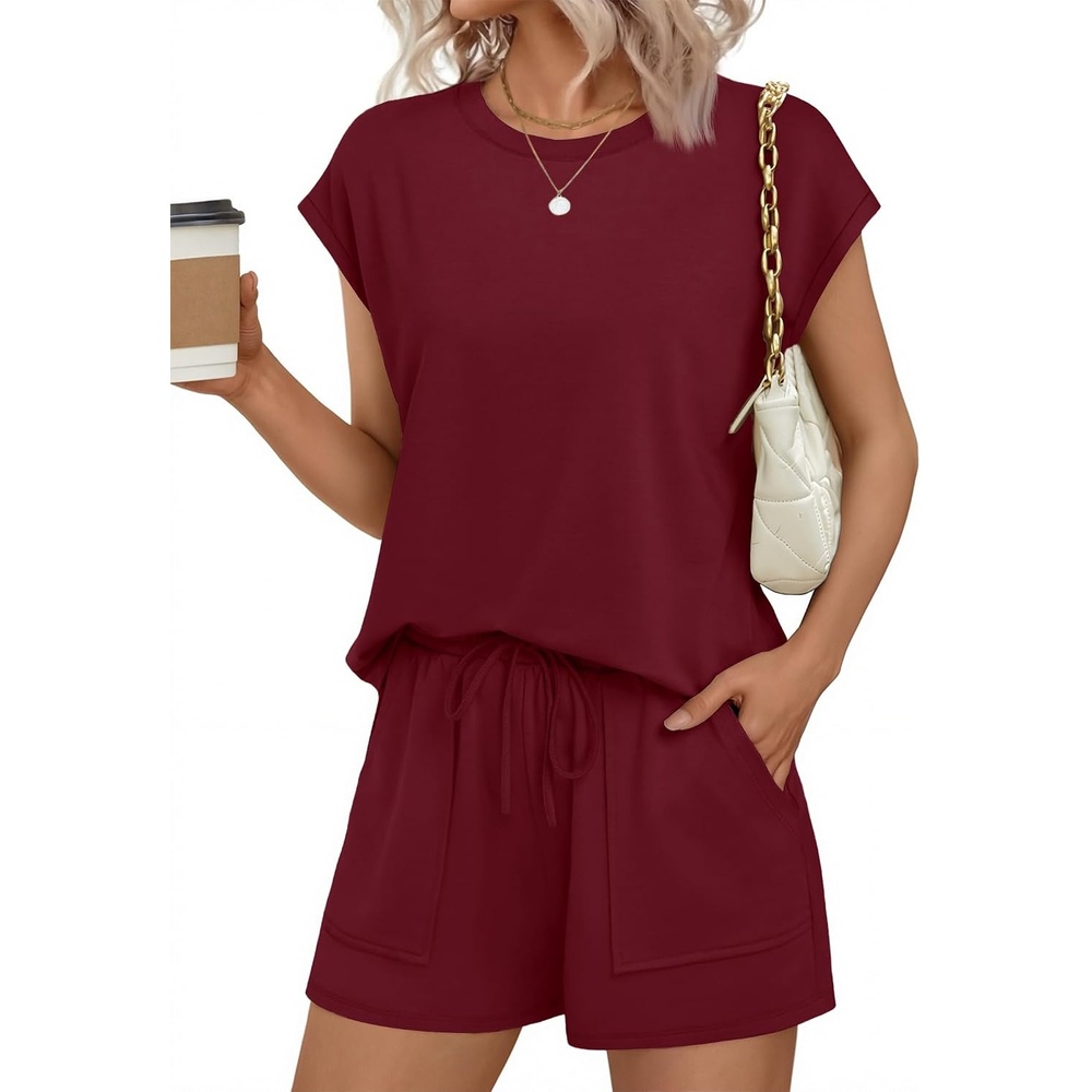 image:imageEkouaer Two Piece Sets for Women Summer Lounge Short Sets with Pocket  Soft Womens Lounge Set Crew Neck Cap Sleeve Drawstring Vacation Outfits 2 Piece Matching Sets Women ClothingWine Red