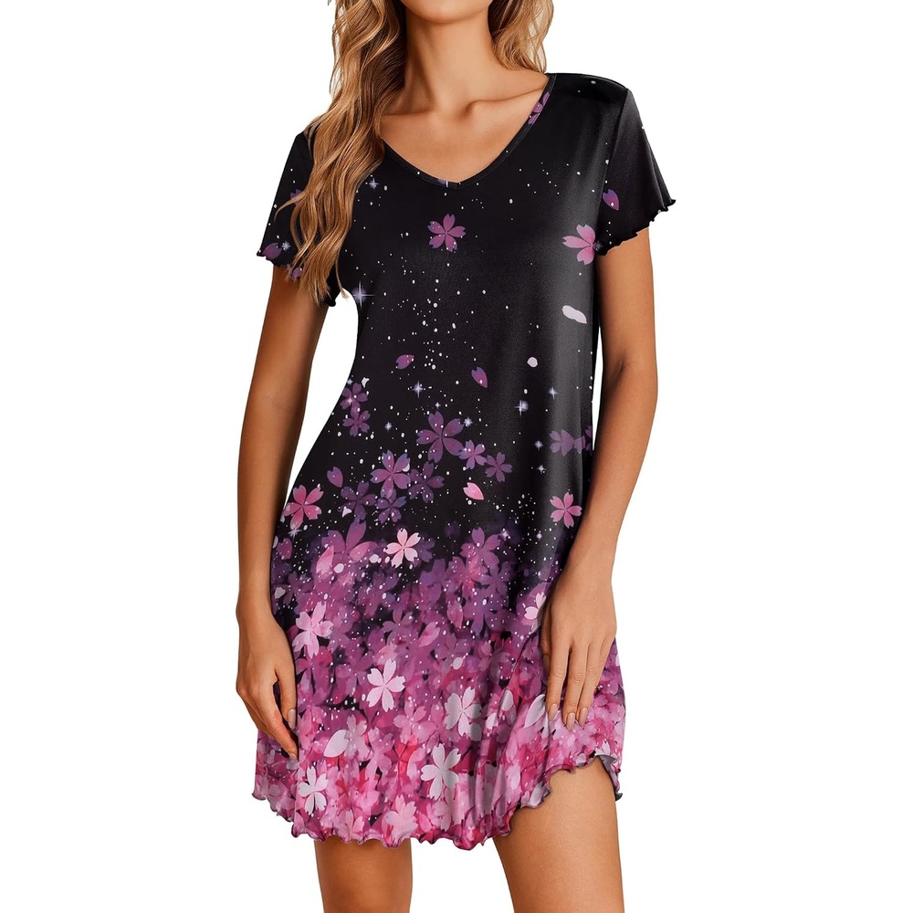 image:imageEkouaer Womens Nightgown Short Sleeve Night Gowns Soft Ruffled Sleep Shirt Nightgowns for WomenV Neck Sleep DressShort NightgownPullover Soft Night DressRuffled SleepwearSummer T Shirt DressPink Flower