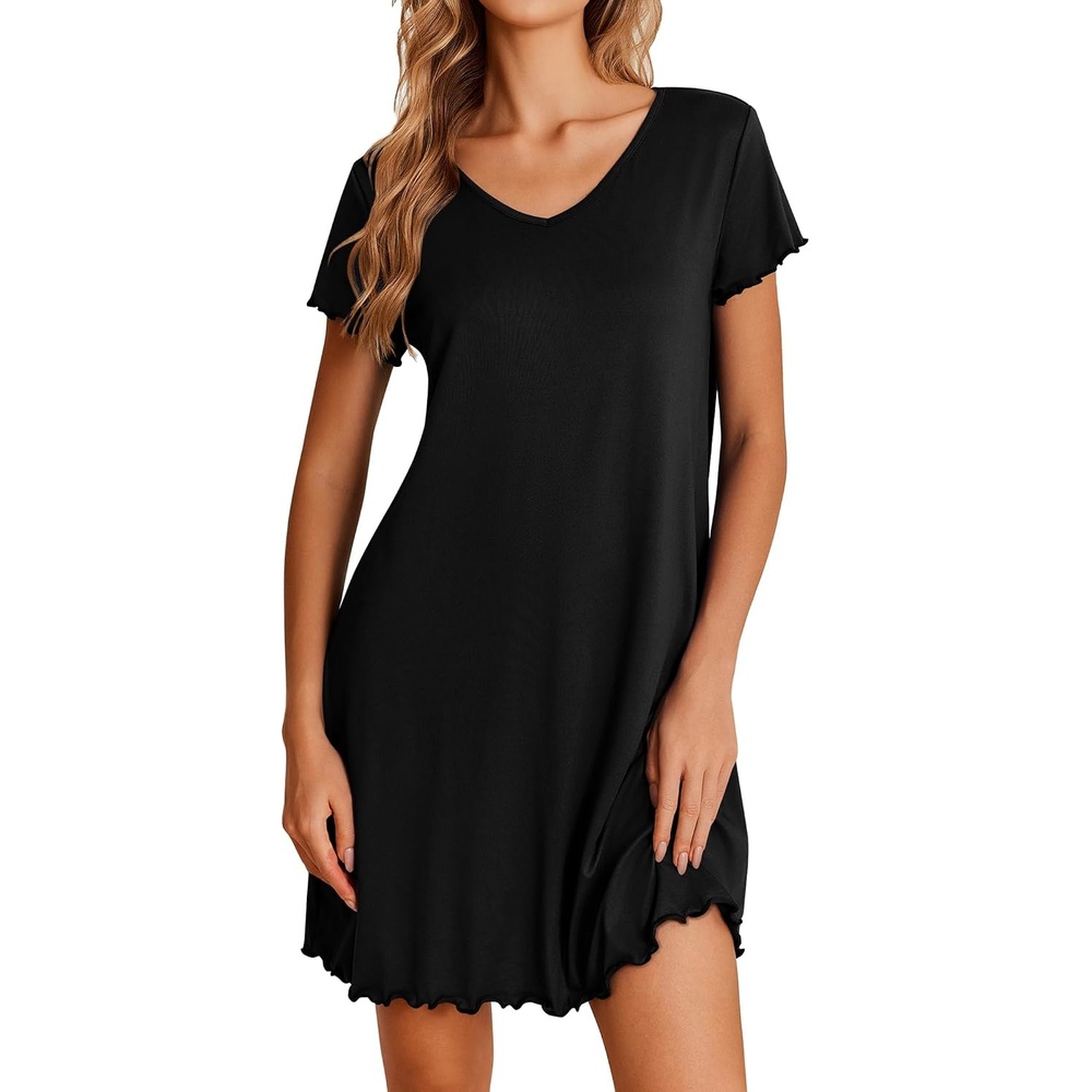 image:imageEkouaer Womens Nightgown Short Sleeve Night Gowns Soft Ruffled Sleep Shirt Nightgowns for WomenV Neck Sleep DressShort NightgownPullover Soft Night DressRuffled SleepwearSummer T Shirt DressBlack