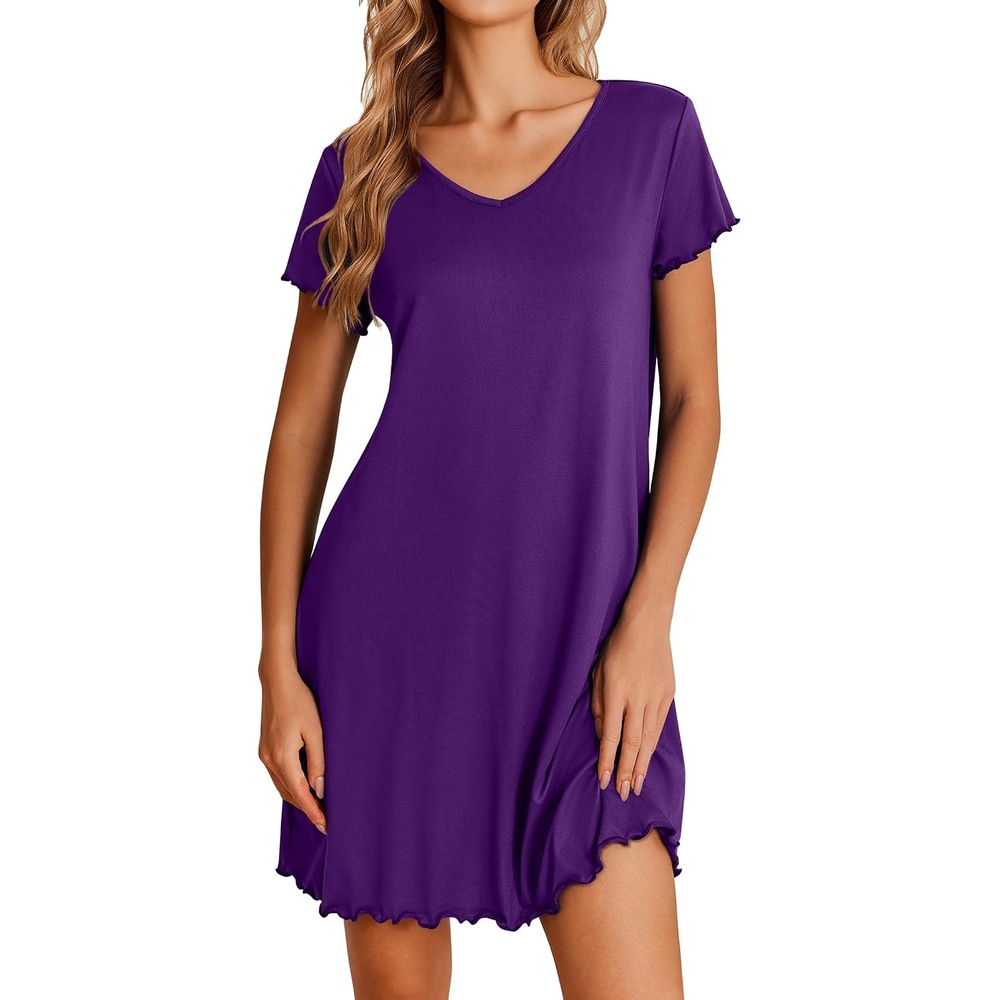 image:imageEkouaer Womens Nightgown Short Sleeve Night Gowns Soft Ruffled Sleep Shirt Nightgowns for WomenV Neck Sleep DressShort NightgownPullover Soft Night DressRuffled SleepwearSummer T Shirt DressPurple