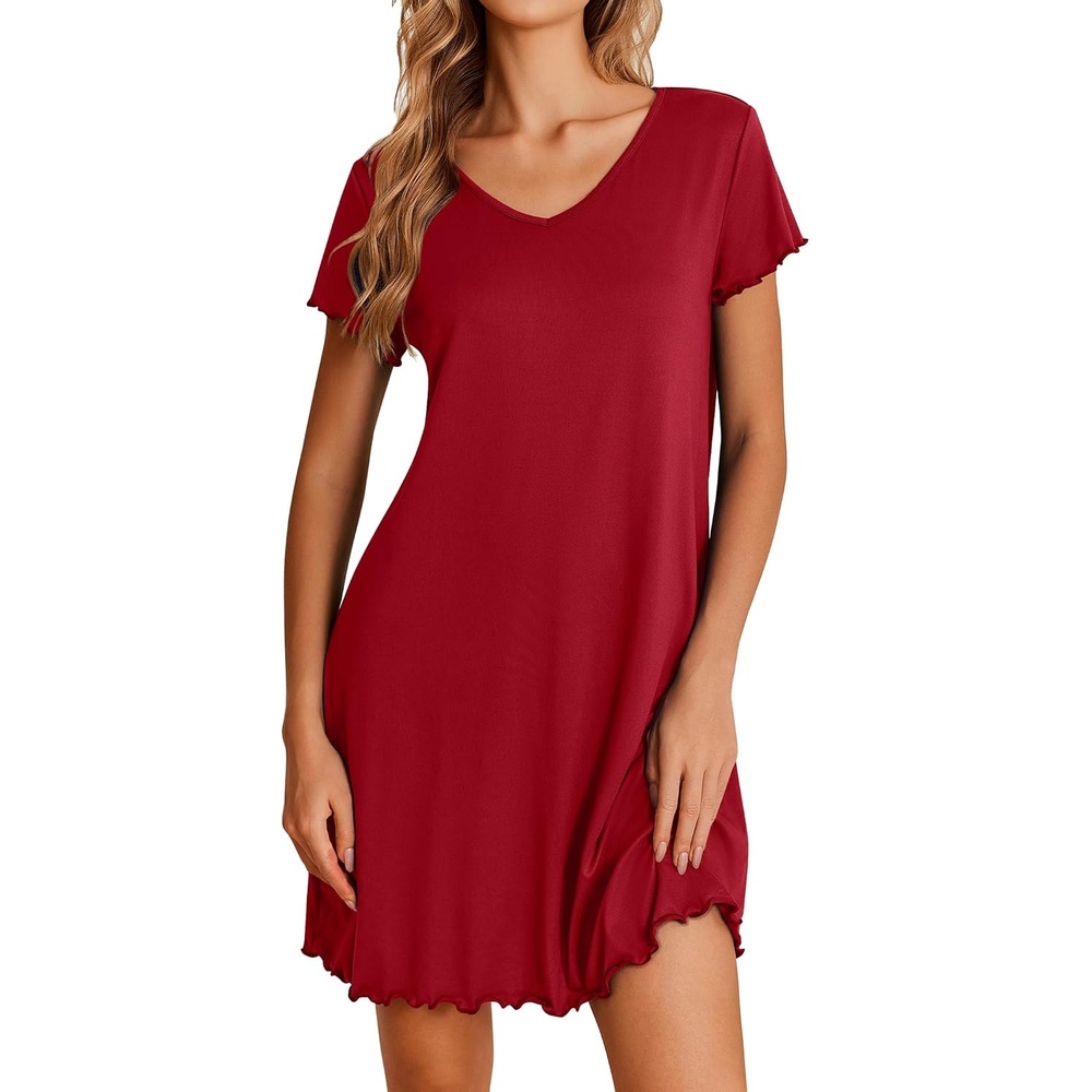 image:imageEkouaer Womens Nightgown Short Sleeve Night Gowns Soft Ruffled Sleep Shirt Nightgowns for WomenV Neck Sleep DressShort NightgownPullover Soft Night DressRuffled SleepwearSummer T Shirt DressWine Red