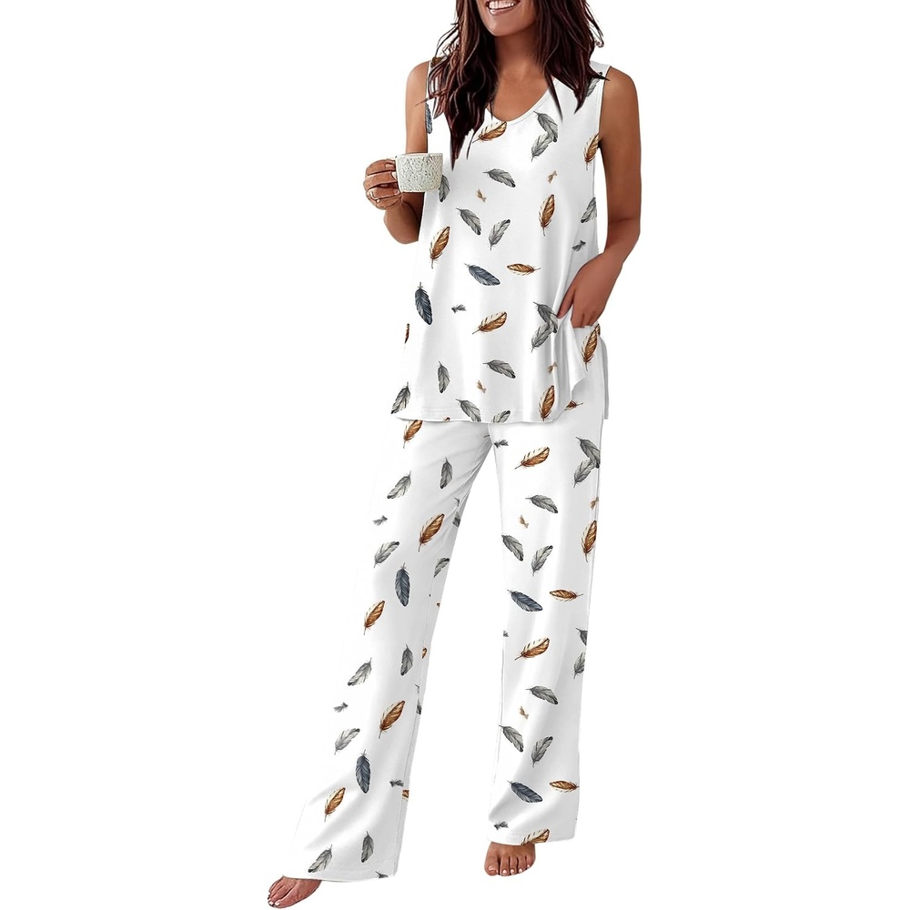 image:imageEkouaer Womens Pajamas Set Sleeveless Lounge Sets Tank Top and Pants Pjs V Neck Top Loungewear with Side Slit Comfy Lounge Pants with Pockets Elastic Waistband 2 Piece Sleepwear Loose FitFeather White