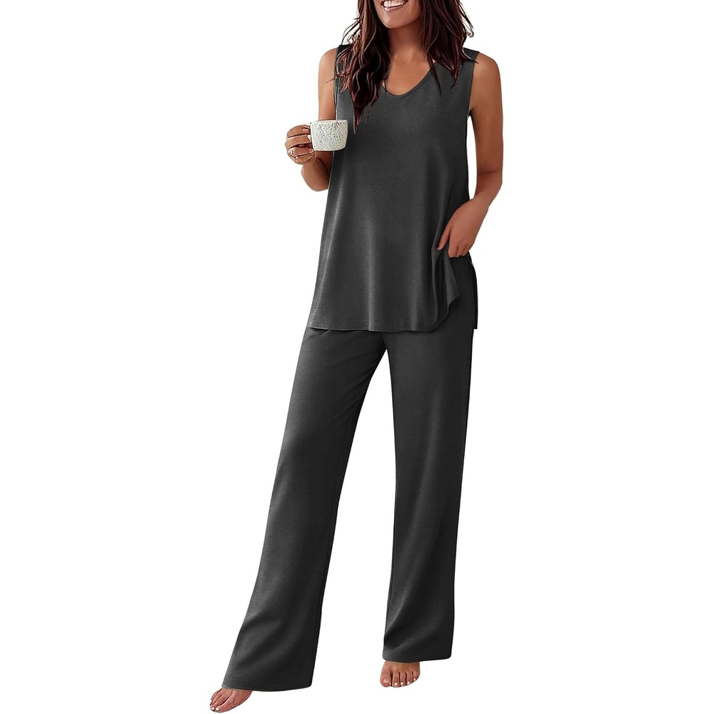image:imageEkouaer Womens Pajamas Set Sleeveless Lounge Sets Tank Top and Pants Pjs  V Neck Top Loungewear with Side Slit Comfy Lounge Pants with Pockets Elastic Waistband 2 Piece Sleepwear Loose FitDark Grey