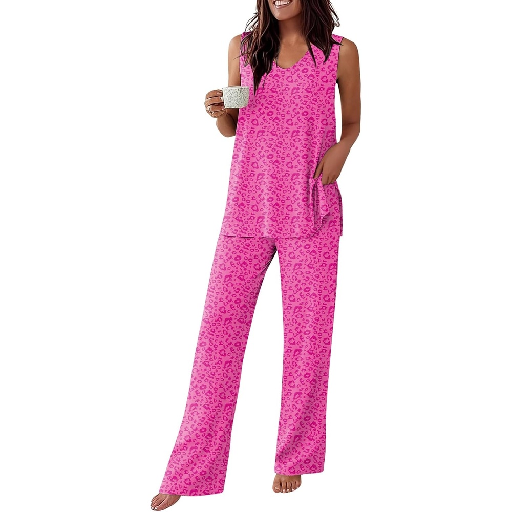 image:imageEkouaer Womens Pajamas Set Sleeveless Lounge Sets Tank Top and Pants Pjs  V Neck Top Loungewear with Side Slit Comfy Lounge Pants with Pockets Elastic Waistband 2 Piece Sleepwear Loose FitLeopard Pink
