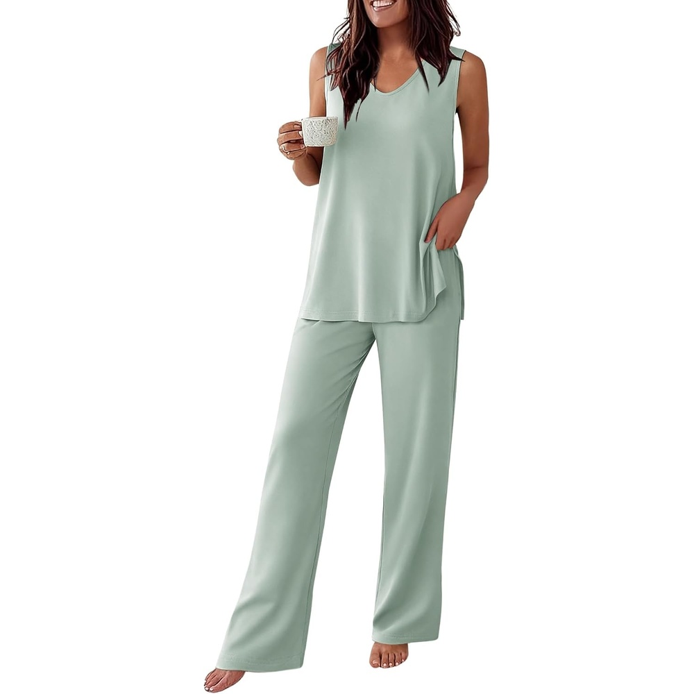 image:imageEkouaer Womens Pajamas Set Sleeveless Lounge Sets Tank Top and Pants Pjs V Neck Top Loungewear with Side Slit Comfy Lounge Pants with Pockets Elastic Waistband 2 Piece Sleepwear Loose FitLight Green