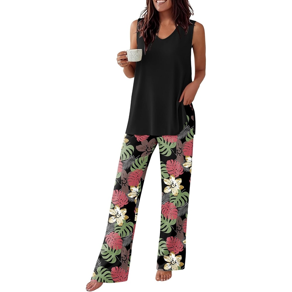 image:imageEkouaer Womens Pajamas Set Sleeveless Lounge Sets Tank Top and Pants Pjs  V Neck Top Loungewear with Side Slit Comfy Lounge Pants with Pockets Elastic Waistband 2 Piece Sleepwear Loose FitBlack Pink Leaf
