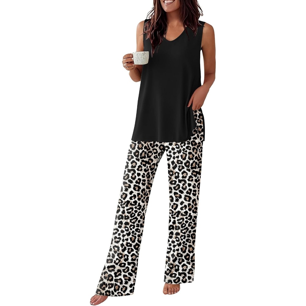 image:imageEkouaer Womens Pajamas Set Sleeveless Lounge Sets Tank Top and Pants Pjs V Neck Top Loungewear with Side Slit Comfy Lounge Pants with Pockets Elastic Waistband 2 Piece Sleepwear Loose FitLeopard Black
