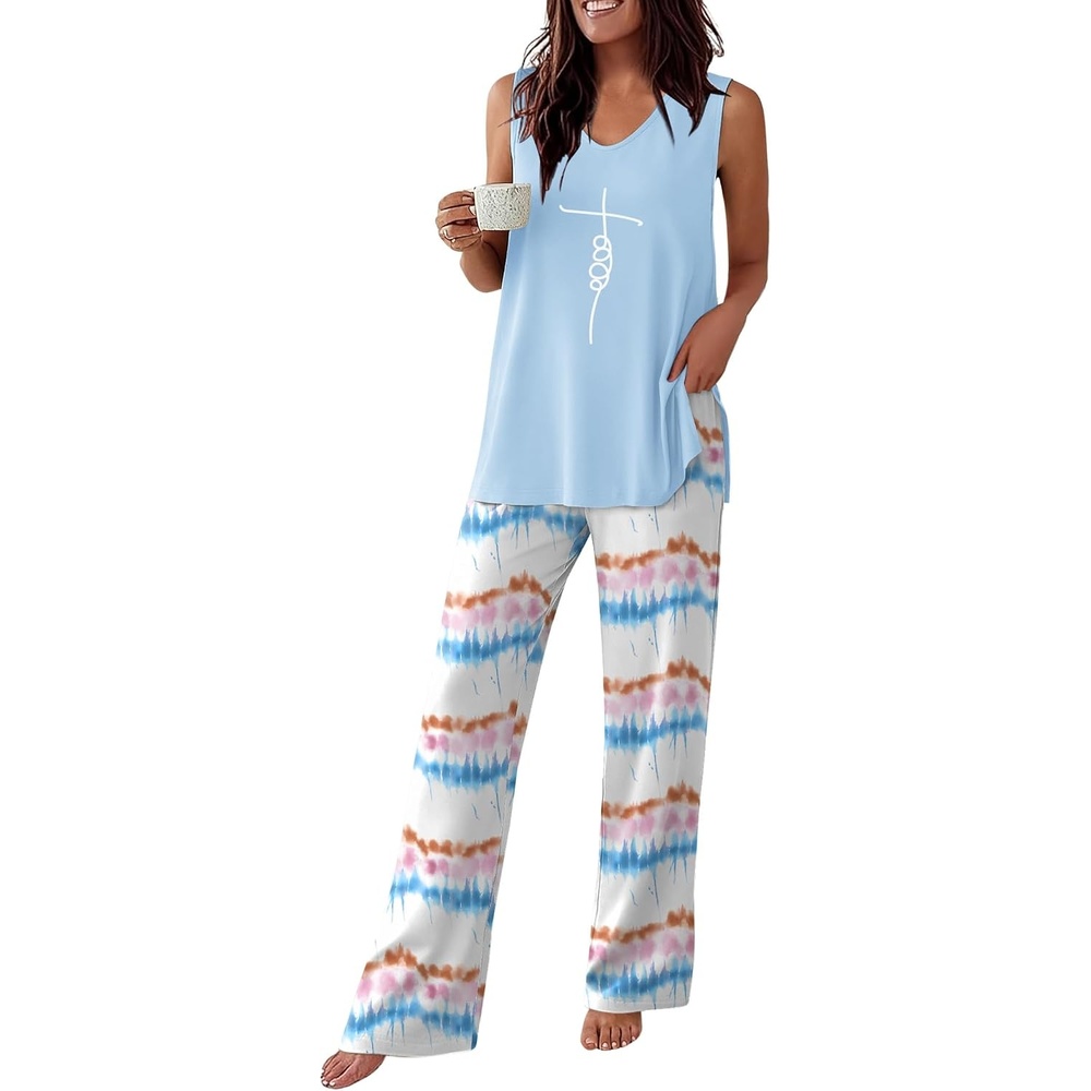 image:imageEkouaer Womens Pajamas Set Sleeveless Lounge Sets Tank Top and Pants Pjs  V Neck Top Loungewear with Side Slit Comfy Lounge Pants with Pockets Elastic Waistband 2 Piece Sleepwear Loose FitTiedye Blue