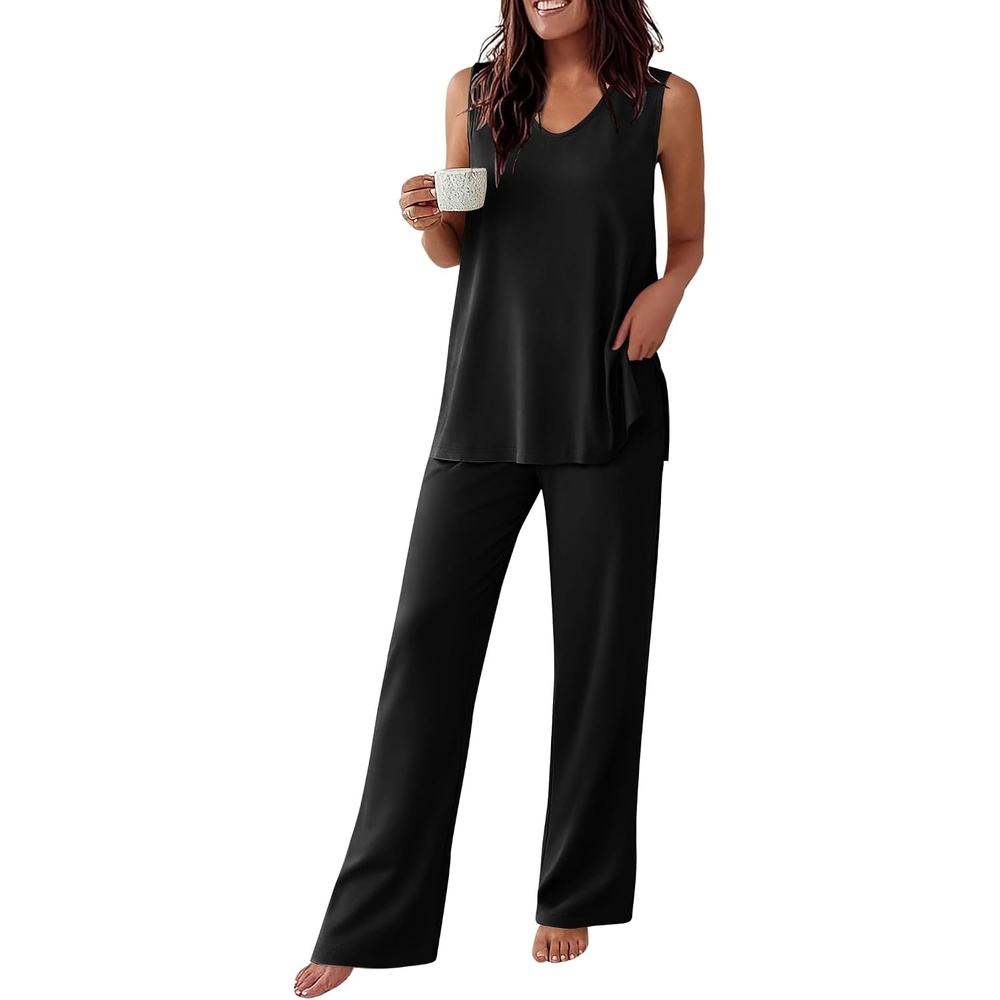 image:imageEkouaer Womens Pajamas Set Sleeveless Lounge Sets Tank Top and Pants Pjs V Neck Top Loungewear with Side Slit Comfy Lounge Pants with Pockets Elastic Waistband 2 Piece Sleepwear Loose FitBlack