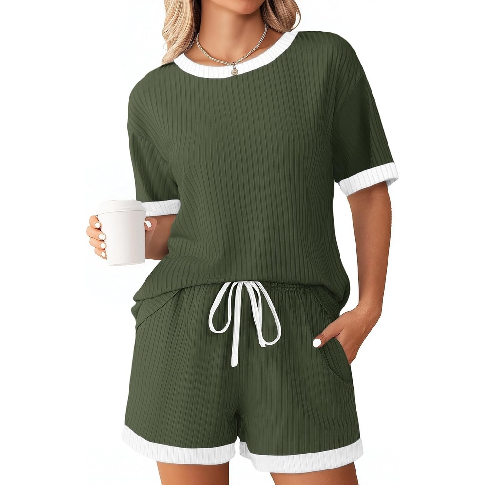 image:imageEkouaer Womens Ribbed Knit Pajama Set Short Sleeve Top Shorts PJs Pajama Sets for Women 2 Piece with Crew Neck Contrast Design Ribbed Knit Sleepwear Side Pockets Drawstring WaistbandArmy Green