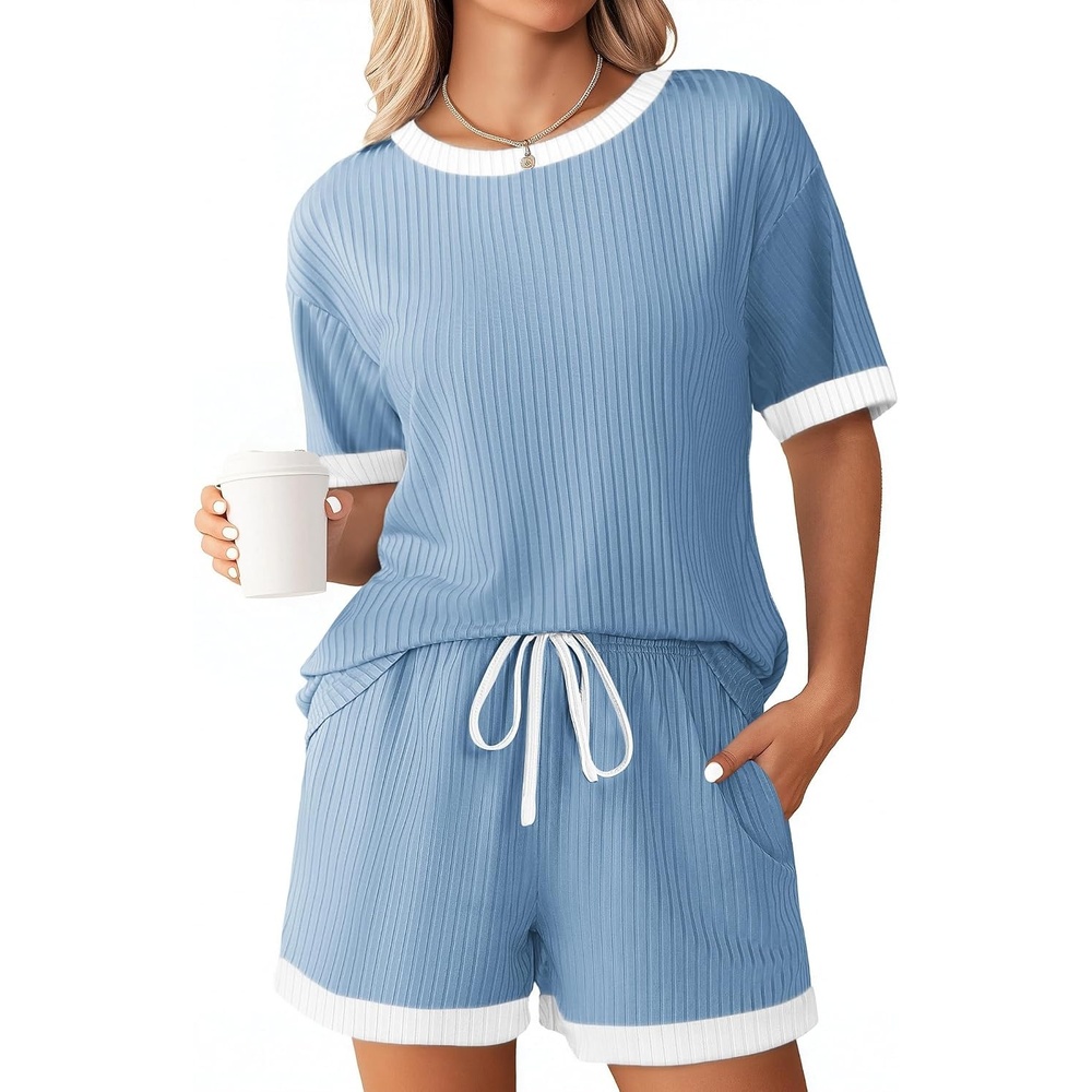 image:imageEkouaer Womens Ribbed Knit Pajama Set Short Sleeve Top Shorts PJs  Pajama Sets for Women 2 Piece with Crew Neck Contrast Design Ribbed Knit Sleepwear Side Pockets Drawstring WaistbandClear Blue