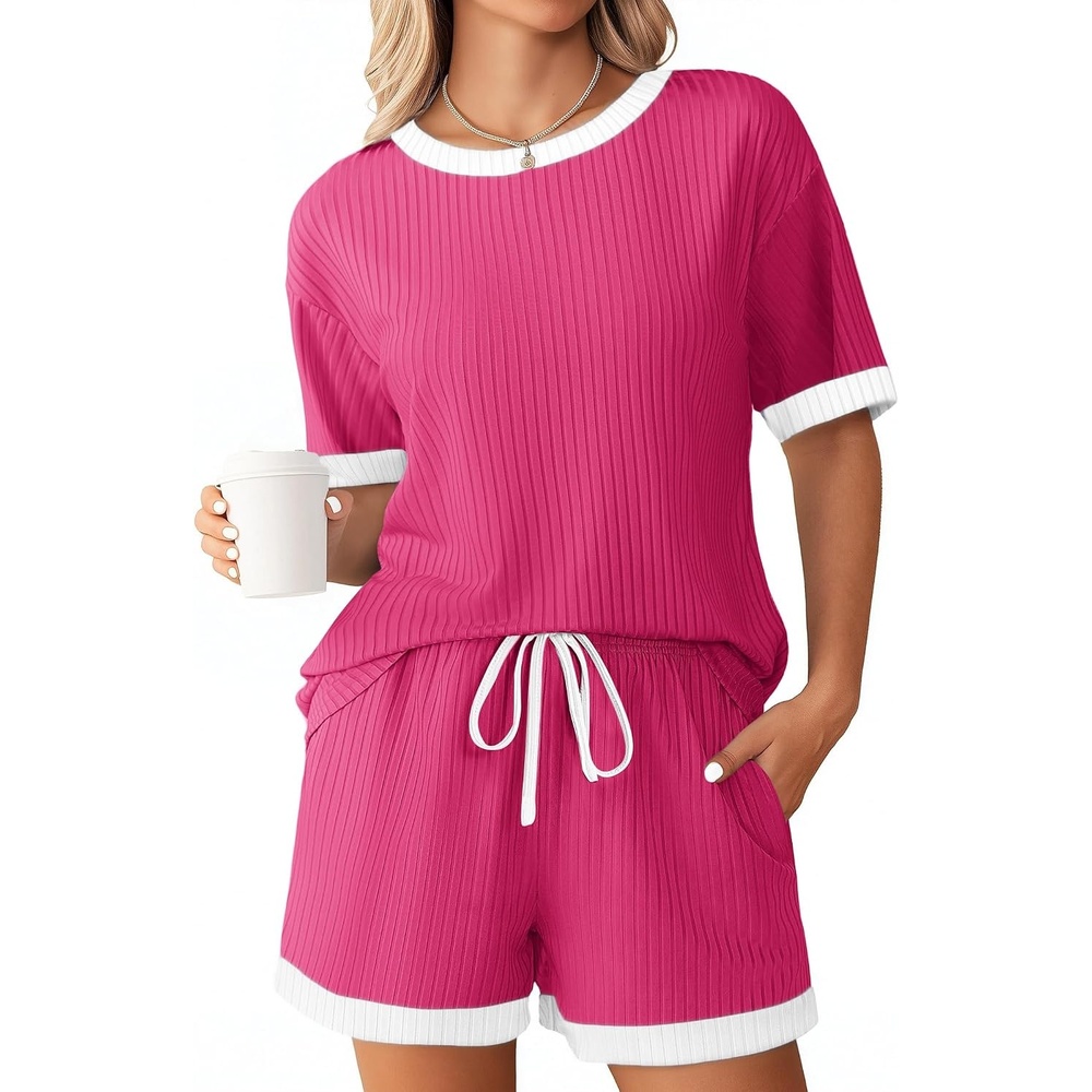 image:imageEkouaer Womens Ribbed Knit Pajama Set Short Sleeve Top Shorts PJs  Pajama Sets for Women 2 Piece with Crew Neck Contrast Design Ribbed Knit Sleepwear Side Pockets Drawstring WaistbandRose Red