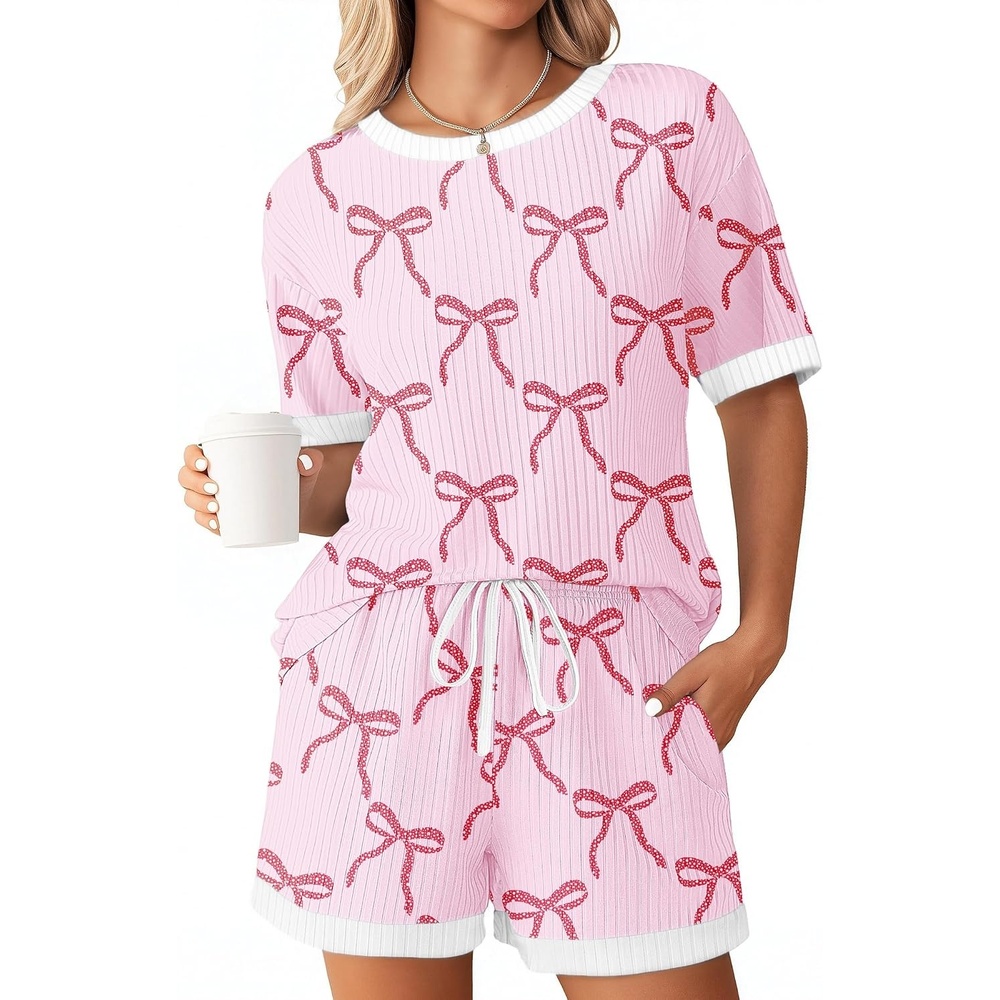 image:imageEkouaer Womens Ribbed Knit Pajama Set Short Sleeve Top Shorts PJs  Pajama Sets for Women 2 Piece with Crew Neck Contrast Design Ribbed Knit Sleepwear Side Pockets Drawstring WaistbandBow Tiepink