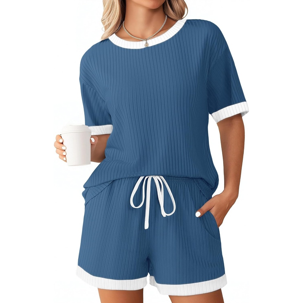 image:imageEkouaer Womens Ribbed Knit Pajama Set Short Sleeve Top Shorts PJs  Pajama Sets for Women 2 Piece with Crew Neck Contrast Design Ribbed Knit Sleepwear Side Pockets Drawstring WaistbandDark Blue