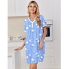 Ekouaer Cotton Nightgowns for Women Short Sleeve Moo Moo Night Gowns | Soft Cotton, Button Front & Pleated House Dress, V Neck, Floral Mumu Dress, Plus Size Pajama Dress for Sleeping and Lounging(Birds Blue)