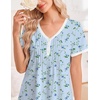 Ekouaer Cotton Nightgowns for Women Short Sleeve Moo Moo Night Gowns | Soft Cotton, Button Front & Pleated House Dress, V Neck, Floral Mumu Dress, Plus Size Pajama Dress for Sleeping and Lounging(Floral Light Blue)