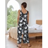 Ekouaer Jumpsuits for Women Casual Summer Sleeveless Rompers Travel Outfits | Loose Fit Wide Leg Overalls, Printed Baggy Rompers, Vacation Cruise Beach Jumpers with Pockets(Black/White Flower)