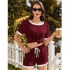 Ekouaer Womens Ribbed Knit Pajama Set Short Sleeve Top Shorts PJs | Pajama Sets for Women 2 Piece with Crew Neck Contrast Design Ribbed Knit Sleepwear Side Pockets Drawstring Waistband(Burgundy)