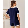 Ekouaer Womens Ribbed Knit Pajama Set Short Sleeve Top Shorts PJs | Pajama Sets for Women 2 Piece with Crew Neck Contrast Design Ribbed Knit Sleepwear Side Pockets Drawstring Waistband(Navy Blue)