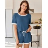 Ekouaer Womens Ribbed Knit Pajama Set Short Sleeve Top Shorts PJs | Pajama Sets for Women 2 Piece with Crew Neck Contrast Design Ribbed Knit Sleepwear Side Pockets Drawstring Waistband(Dark Blue)