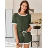 Ekouaer Womens Ribbed Knit Pajama Set Short Sleeve Top Shorts PJs | Pajama Sets for Women 2 Piece with Crew Neck Contrast Design Ribbed Knit Sleepwear Side Pockets Drawstring Waistband(Army Green)