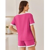 Ekouaer Womens Ribbed Knit Pajama Set Short Sleeve Top Shorts PJs | Pajama Sets for Women 2 Piece with Crew Neck Contrast Design Ribbed Knit Sleepwear Side Pockets Drawstring Waistband(Rose Red)