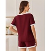Ekouaer Womens Ribbed Knit Pajama Set Short Sleeve Top Shorts PJs | Pajama Sets for Women 2 Piece with Crew Neck Contrast Design Ribbed Knit Sleepwear Side Pockets Drawstring Waistband(Burgundy)