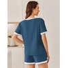 Ekouaer Womens Ribbed Knit Pajama Set Short Sleeve Top Shorts PJs | Pajama Sets for Women 2 Piece with Crew Neck Contrast Design Ribbed Knit Sleepwear Side Pockets Drawstring Waistband(Dark Blue)