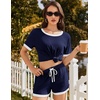 Ekouaer Womens Ribbed Knit Pajama Set Short Sleeve Top Shorts PJs | Pajama Sets for Women 2 Piece with Crew Neck Contrast Design Ribbed Knit Sleepwear Side Pockets Drawstring Waistband(Navy Blue)