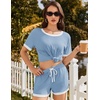 Ekouaer Womens Ribbed Knit Pajama Set Short Sleeve Top Shorts PJs | Pajama Sets for Women 2 Piece with Crew Neck Contrast Design Ribbed Knit Sleepwear Side Pockets Drawstring Waistband(Clear Blue)
