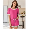 Ekouaer Womens Ribbed Knit Pajama Set Short Sleeve Top Shorts PJs | Pajama Sets for Women 2 Piece with Crew Neck Contrast Design Ribbed Knit Sleepwear Side Pockets Drawstring Waistband(Rose Red)