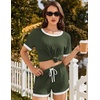 Ekouaer Womens Ribbed Knit Pajama Set Short Sleeve Top Shorts PJs | Pajama Sets for Women 2 Piece with Crew Neck Contrast Design Ribbed Knit Sleepwear Side Pockets Drawstring Waistband(Army Green)