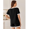 Ekouaer Womens Ribbed Knit Pajama Set Short Sleeve Top Shorts PJs | Pajama Sets for Women 2 Piece with Crew Neck Contrast Design Ribbed Knit Sleepwear Side Pockets Drawstring Waistband(Black)