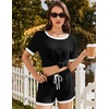 Ekouaer Womens Ribbed Knit Pajama Set Short Sleeve Top Shorts PJs | Pajama Sets for Women 2 Piece with Crew Neck Contrast Design Ribbed Knit Sleepwear Side Pockets Drawstring Waistband(Black)