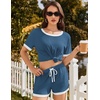 Ekouaer Womens Ribbed Knit Pajama Set Short Sleeve Top Shorts PJs | Pajama Sets for Women 2 Piece with Crew Neck Contrast Design Ribbed Knit Sleepwear Side Pockets Drawstring Waistband(Dark Blue)