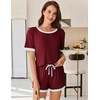 Ekouaer Womens Ribbed Knit Pajama Set Short Sleeve Top Shorts PJs | Pajama Sets for Women 2 Piece with Crew Neck Contrast Design Ribbed Knit Sleepwear Side Pockets Drawstring Waistband(Burgundy)