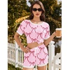 Ekouaer Womens Ribbed Knit Pajama Set Short Sleeve Top Shorts PJs | Pajama Sets for Women 2 Piece with Crew Neck Contrast Design Ribbed Knit Sleepwear Side Pockets Drawstring Waistband(Bow Tie-pink)